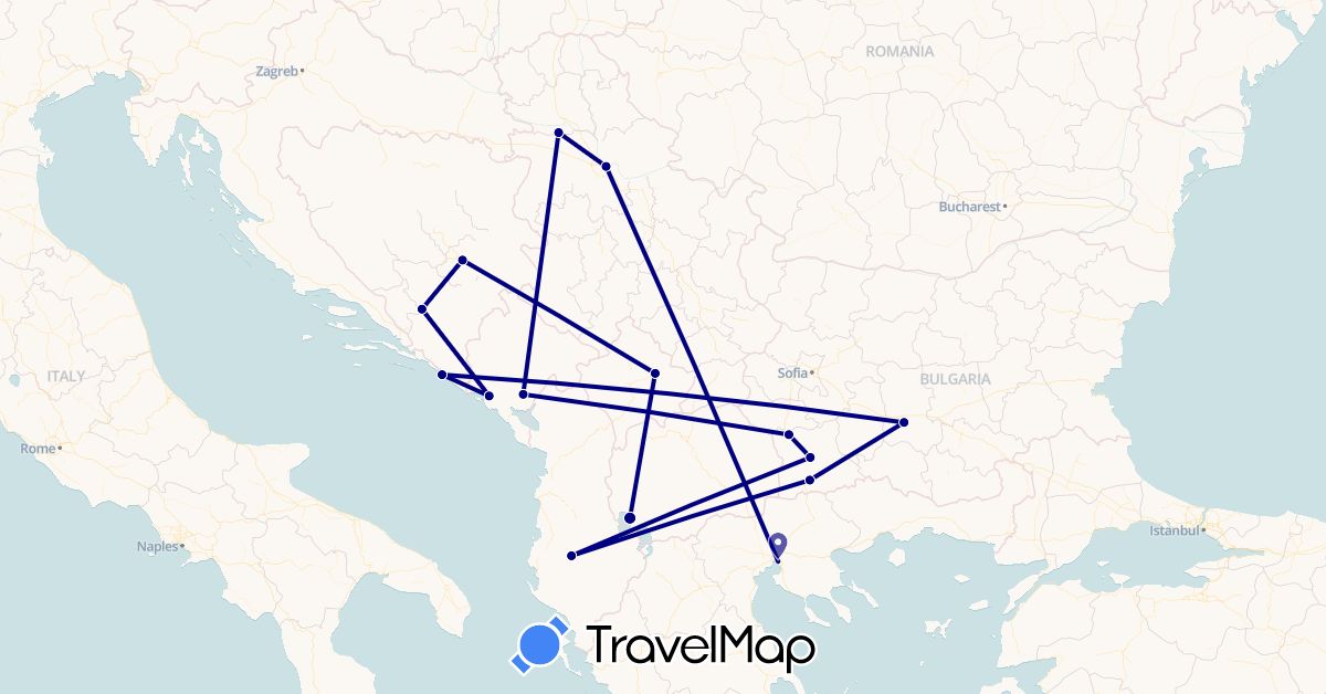 TravelMap itinerary: driving in Albania, Bosnia and Herzegovina, Bulgaria, Greece, Croatia, Montenegro, Macedonia, Serbia, Kosovo (Europe)