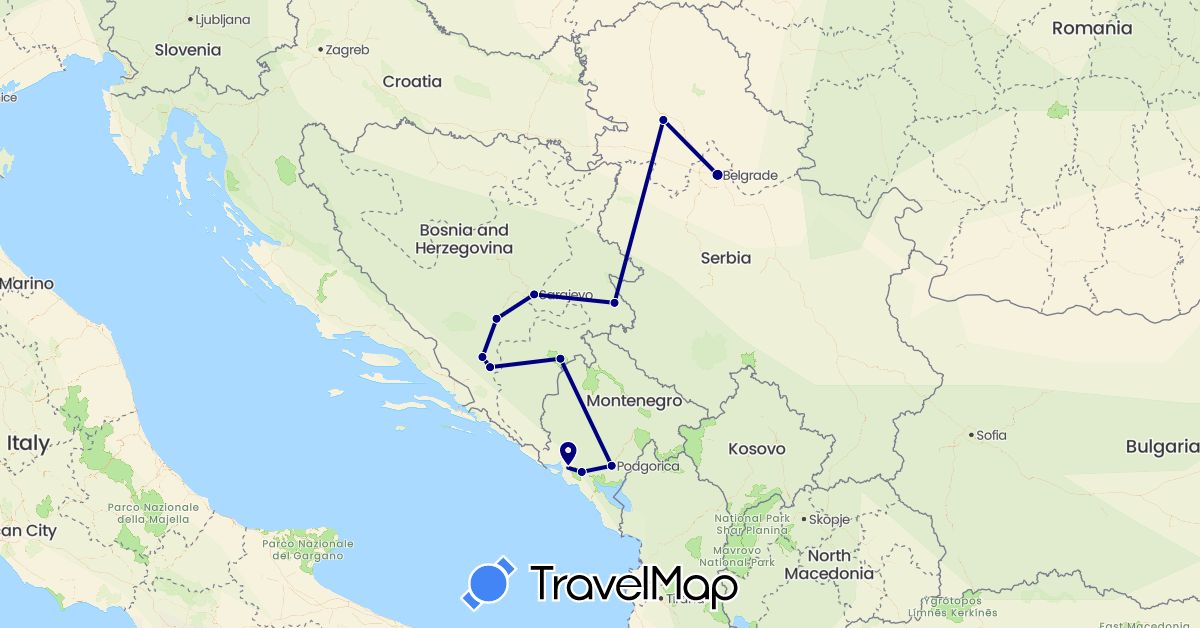 TravelMap itinerary: driving in Bosnia and Herzegovina, Montenegro, Serbia (Europe)